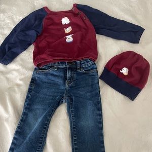 3-piece Janie and Jack outfit with jeans, sweater, and matching hat.